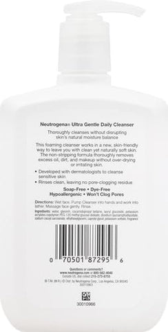 Neutrogena Ultra Gentle Foaming Facial Cleanser, Daily Face Wash for Sensitive Skin, Gently Removes Dirt, Oil & Makeup Without Over-Drying, Fragrance-Free, 12 fl. Oz (Pack of 2)