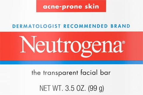 Neutrogena Facial Cleansing Bar for Acne-Prone Skin, Gentle Non-Medicated Daily Cleanser, Non-Comedogenic Transparent Soap with Glycerin, No Dyes or Detergents, 3.5 oz (Pack of 3)
