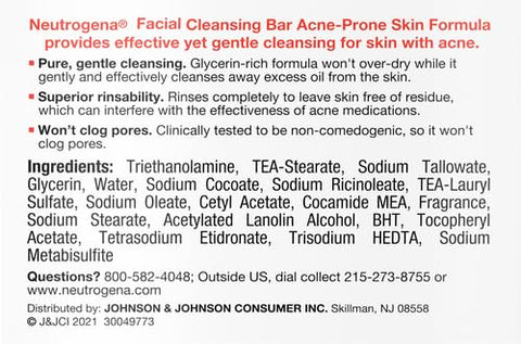 Neutrogena Facial Cleansing Bar for Acne-Prone Skin, Gentle Non-Medicated Daily Cleanser, Non-Comedogenic Transparent Soap with Glycerin, No Dyes or Detergents, 3.5 oz (Pack of 3)