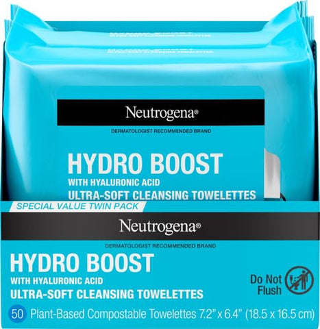 Neutrogena Hydro Boost Ultra-Soft Micellar Cleansing Wipes with Hyaluronic Acid, Hydrating Makeup Remover Wipes Remove Dirt & Waterproof Makeup, Hypoallergenic, Plant-Based Cloth, 2 x 25 ct