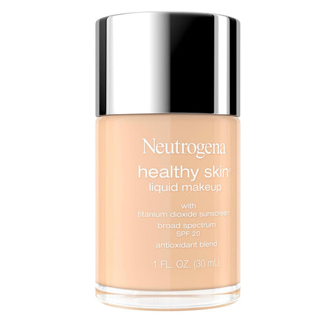 Neutrogena Healthy Skin Liquid Foundation Makeup Broad Spectrum SPF 20 Sunscreen, Medium Coverage, Vit B5, Antioxidants, All Day Wear, True Beige 200N, 1 fl. oz