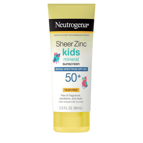 Neutrogena Kids Mineral Sunscreen Sheer Zinc Oxide Lotion, Broad Spectrum SPF 50 with UVA/UVB Protection, Water Resistant for 80 Minutes, Fragrance and Tear Free, 3 FL OZ