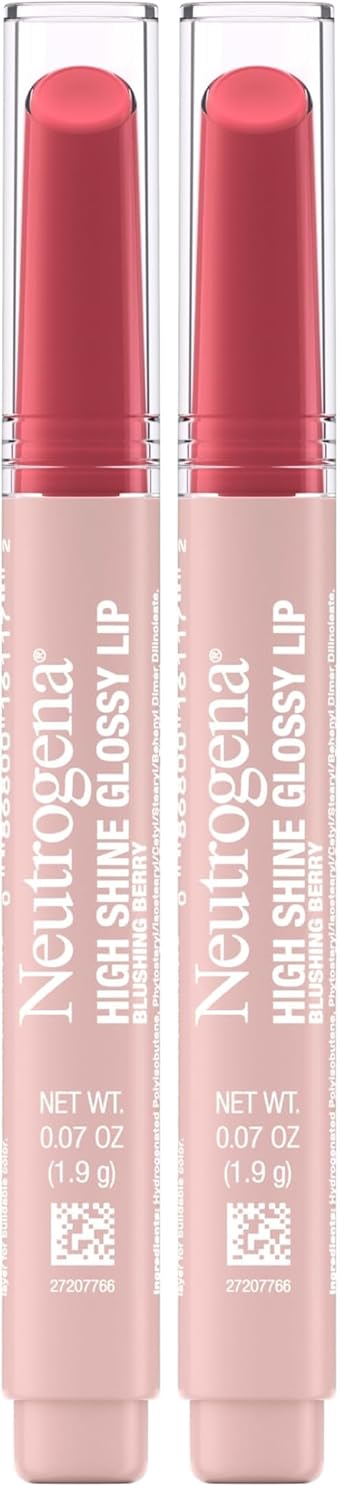 Neutrogena High Shine Glossy Lip with Maracuja Oil + Vitamins & Antioxidant Vitamin E, Nourishing Glossy Lip, Non-Retractable, Pigmented For Buildable Color, Blushing Berry, 0.07 oz (Pack of 2)