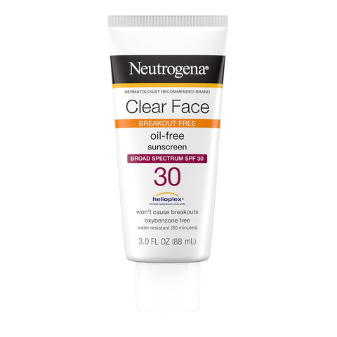 Neutrogena Clear Face Sunscreen for Acne-Prone Skin SPF 30, Broad Spectrum Facial Sunscreen Lotion, Lightweight, Non Comedogenic, Oil-, Fragrance- & Oxybenzone-Free Water Resistant (80 min), 3 fl. oz