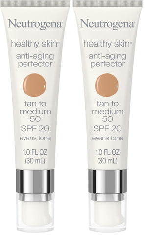 Neutrogena Healthy Skin Anti-Aging Perfector Tinted Facial Moisturizer and Retinol Treatment with Broad Spectrum SPF 20 Sunscreen with Titanium Dioxide, 50 Tan to Medium, 1 fl. oz (Pack of 2)