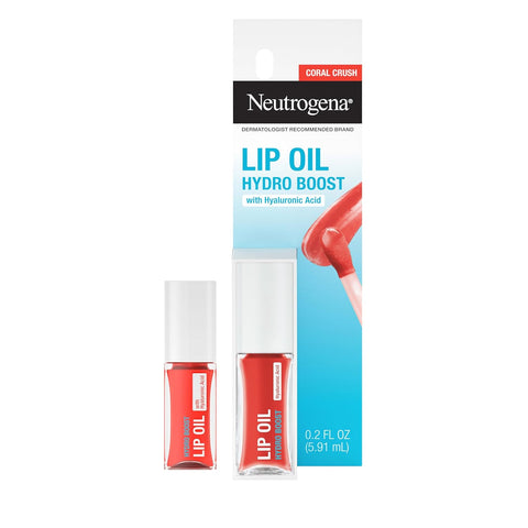 Neutrogena Hydro Boost Tinted Lip Oil with Hyaluronic Acid, Hydrating and Nourishing Lip Oil for Fuller Looking Lips, Coral Crush, .2 fl. Oz