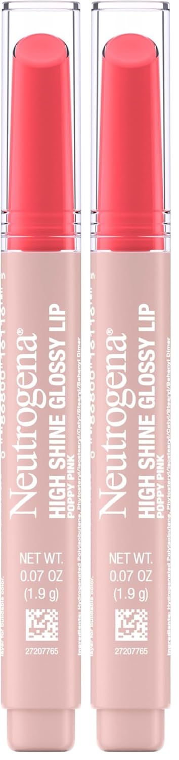Neutrogena High Shine Glossy Lip with Maracuja Oil + Vitamins & Antioxidant Vitamin E, Nourishing Glossy Lip, Non-Retractable, Pigmented For Buildable Color, Poppy Pink, 0.07 oz (Pack of 2)