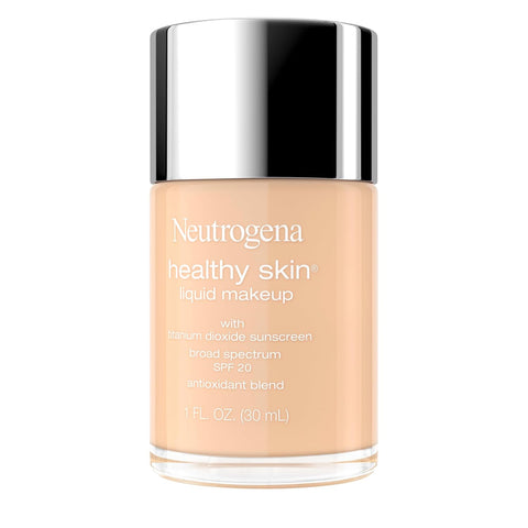 Neutrogena Healthy Skin Liquid Foundation Makeup Broad Spectrum SPF 20 Sunscreen, Medium Coverage, Vit B5, Antioxidants, All Day Wear, True Beige 200N, 1 fl. oz