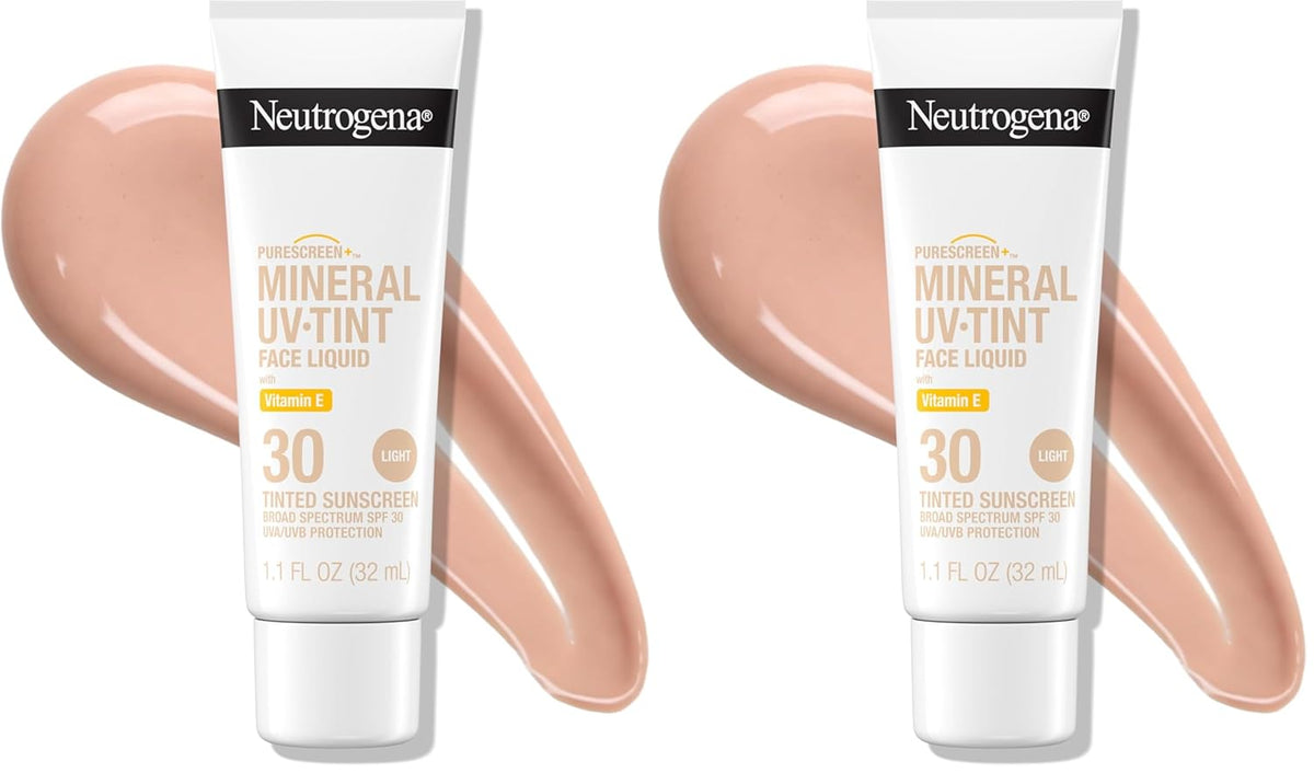 Neutrogena Purescreen+ Tinted Sunscreen for Face SPF 30, Broad Spectrum Mineral Sunscreen with Zinc Oxide & Vitamin E, Water Resistant, Fragrance Free, Light, 1.1 fl oz (Pack of 2)