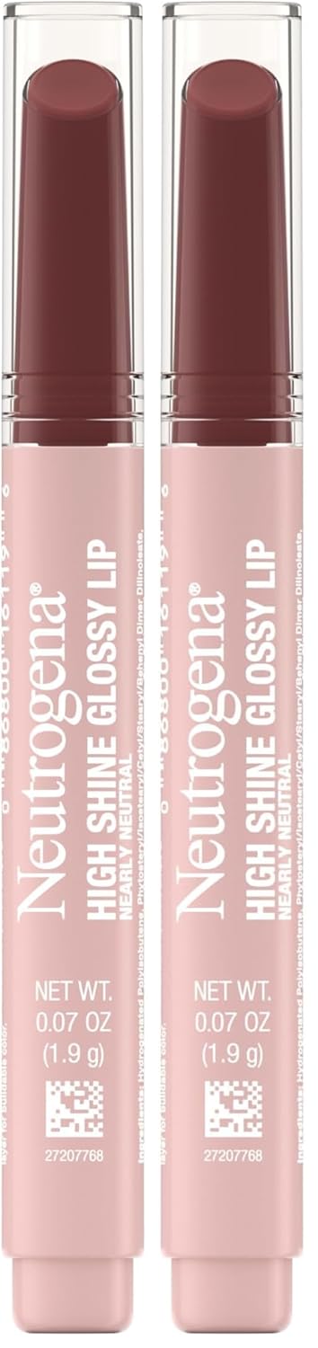 Neutrogena High Shine Glossy Lip with Maracuja Oil + Vitamins & Antioxidant Vitamin E, Nourishing Glossy Lip, Non-Retractable, Pigmented For Buildable Color, Nearly Neutral, 0.07 oz (Pack of 2)