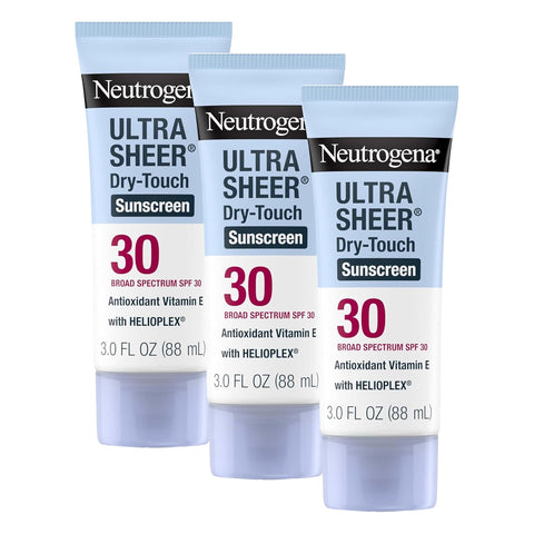 Neutrogena Ultra Sheer Dry-Touch Sunscreen For Face & Body, SPF 30 Broad Spectrum UVA/UVB Protection, Lightweight Water Resistant & Non-Greasy, Travel Size Sunscreen, 3 fl. oz (Pack of 3)