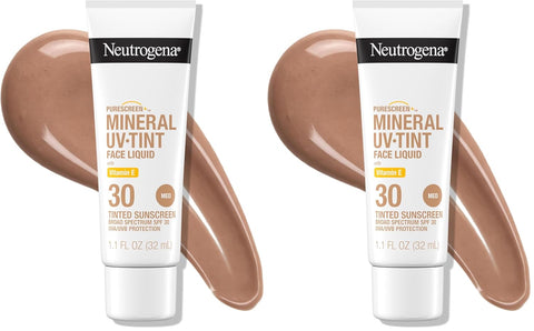 Neutrogena Purescreen+ Tinted Sunscreen for Face with SPF 30,Broad Spectrum Mineral Sunscreen with Zinc Oxide and Vitamin E,Water Resistant,Fragrance Free,Medium,1.1 fl oz,(Pack of 2)