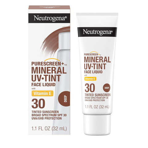 Neutrogena Purescreen+ Tinted Sunscreen for Face SPF 30, Broad Spectrum Mineral Sunscreen with Zinc Oxide & Vitamin E, Water Resistant, Fragrance Free, Deep, 1.1 fl oz