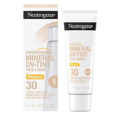 Neutrogena Purescreen+ Tinted Sunscreen for Face SPF 30, Broad Spectrum Mineral Sunscreen with Zinc Oxide & Vitamin E, Water Resistant, Fragrance Free, Light, 1.1 fl oz (Pack of 2)