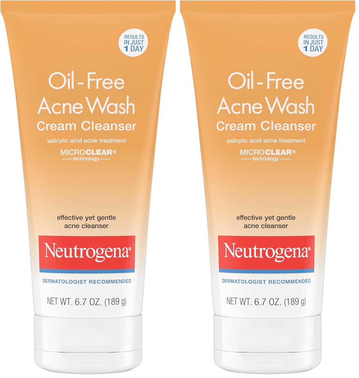 Neutrogena Oil-Free Acne Face Wash Cream Cleanser, 2% Salicylic Acid-Acne Treatment, Daily Facial Cleanser for Acne-Prone Skin, 6.7 fl. oz (Pack of 2)