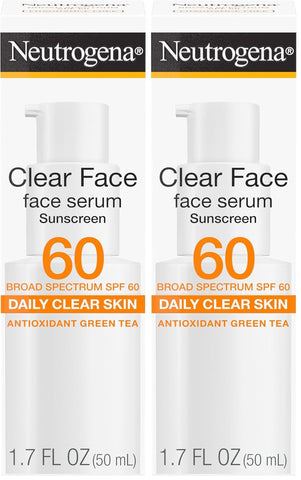 Neutrogena Clear Face Serum Sunscreen with Green Tea,Broad Spectrum SPF 60,Non-Comedogenic Face Sunscreen for Lightweight UVA/UVB Protection,Oxybenzone- & Fragrance-Free,1.7 fl. oz,(Pack of 2)