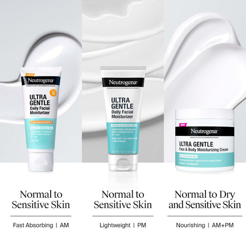 Neutrogena Ultra Gentle Daily Facial Moisturizer with SPF 30 Sunscreen with CICA,Lightweight Face Lotion-with Broad Spectrum SPF 30 for Normal to Sensitive Skin,Fragrance-Free,3.4 fl. oz,(Pack of 2)