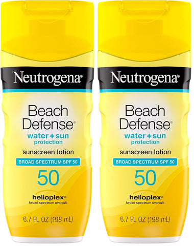Neutrogena Sunscreen Lotion Beach Defense SPF 50, Face and Body Sunscreen, Hawaii Reef Act 104 Compliant, Octinoxate & Oxybenzone Free, Oil Free, Fast Absorbing Sun Care, 6.7 fl oz (Pack of 2)