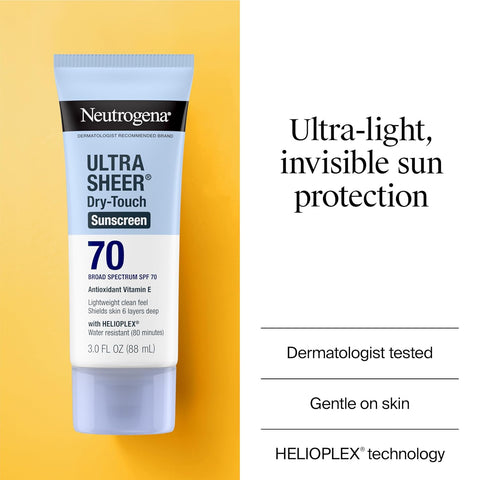 Neutrogena Ultra Sheer Dry-Touch Sunscreen For Face & Body, SPF 70 Broad Spectrum UVA/UVB Protection, Lightweight Water Resistant & Non-Greasy, Travel Size Sunscreen, 3 fl. oz (Pack of 3)