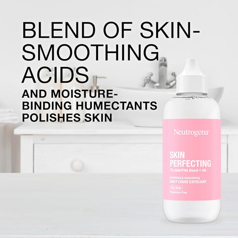 Neutrogena Skin Perfecting Daily Liquid Facial Exfoliant with 7% AHA/PHA Blend + HA to Smooth, Exfoliate & Replenish Dry Skin, Leave-On Face Exfoliator, Oil- & Fragrance-Free, 4 fl. oz