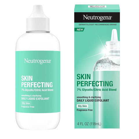 Neutrogena Skin Perfecting Daily Liquid Facial Exfoliant with 7% Glycolic/Citric Acid Blend for Oily Skin, Smoothing & Clarifying Leave-On Face Exfoliator, Oil- & Fragrance-Free, 4 fl. oz