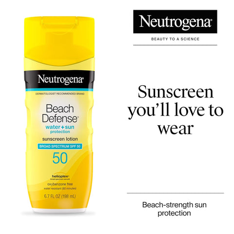 Neutrogena Sunscreen Lotion Beach Defense SPF 50, Face and Body Sunscreen, Hawaii Reef Act 104 Compliant, Octinoxate & Oxybenzone Free, Oil Free, Fast Absorbing Sun Care, 6.7 fl oz (Pack of 2)