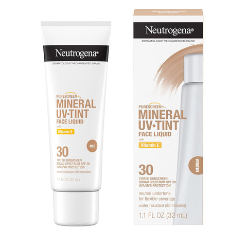 Neutrogena Purescreen+ Tinted Sunscreen for Face SPF 30, Broad Spectrum Mineral Sunscreen with Zinc Oxide & Vitamin E, Water Resistant, Fragrance Free, Medium, 1.1 fl oz