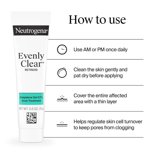 Neutrogena Evenly Clear Retinoid Adapalene Gel 0.1% Acne Spot Treatment, Once-Daily Topical Retinoid Helps Clear Breakouts & Visible Improvement in the Appearance of Post-Acne Mark, 0.5 oz