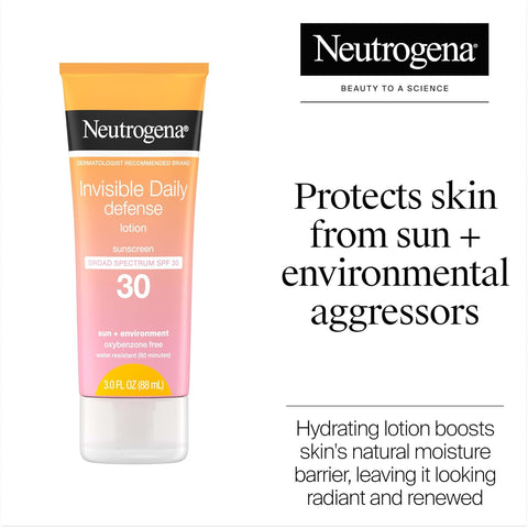 Neutrogena Invisible Daily Defense Sunscreen Lotion, Broad Spectrum SPF 30, Oxybenzone-Free & Water-Resistant, Sun & Environmental Aggressor Protection, Antioxidant Complex, 3.0 fl. oz