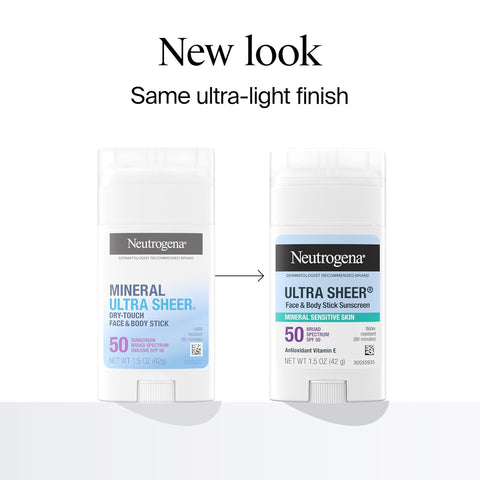 Neutrogena Ultra Sheer Dry Touch SPF 50 Mineral Sunscreen Stick for Sensitive Skin, Zinc Oxide, Body & Face Sunscreen with Vitamin E, No White Residue & Vegan, 1.5 oz