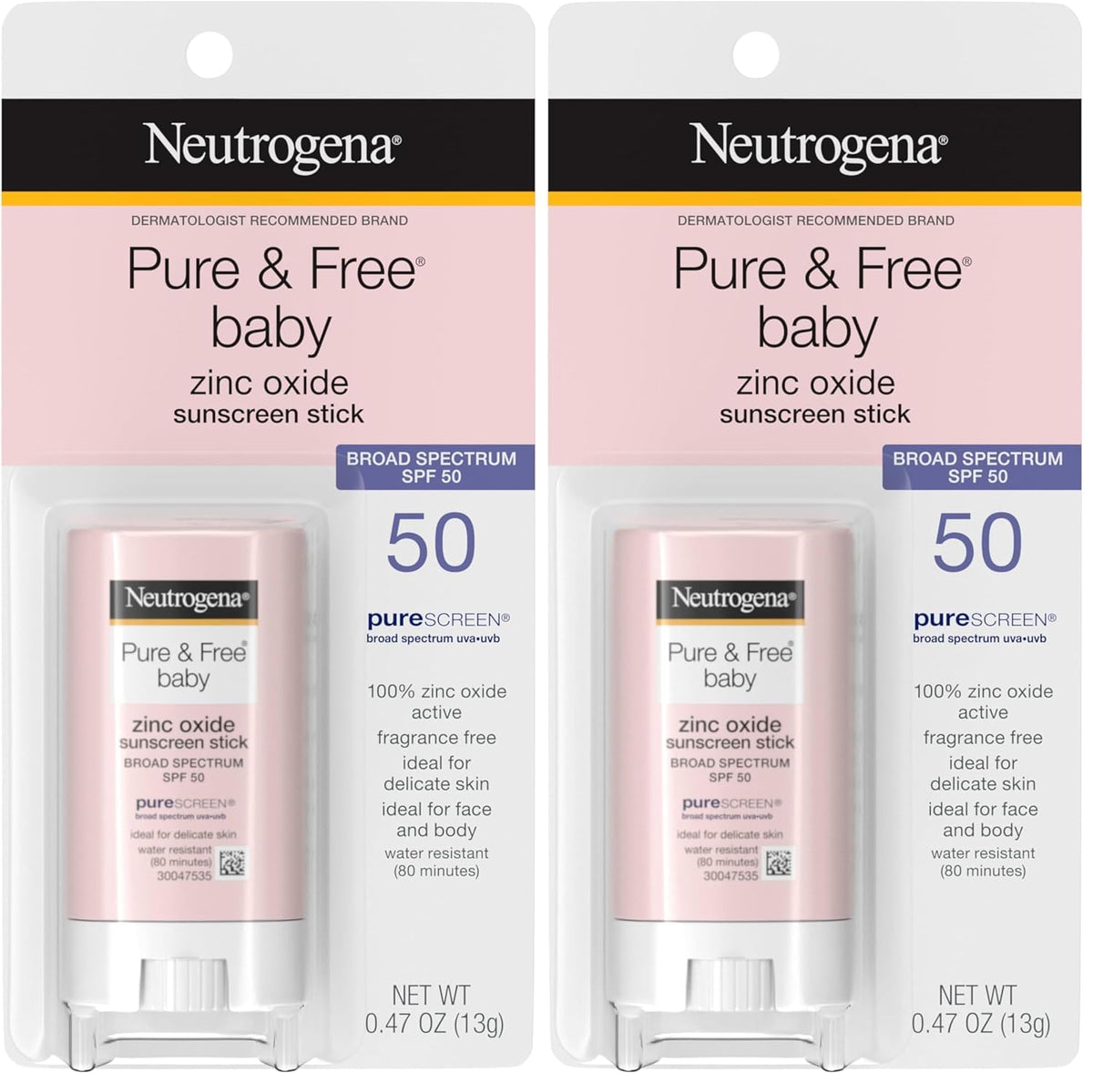 Neutrogena Mineral Sunscreen Stick, SPF 50, Zinc Oxide | Water-Resistant | Hypoallergenic | For Baby | Pack of 2