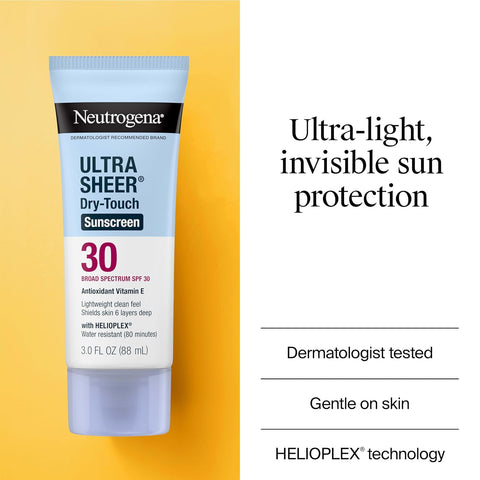 Neutrogena Ultra Sheer Dry-Touch Sunscreen SPF 30 for Face & Body, Lightweight Non Greasy Broad Spectrum UVA/UVB Protection, No White Cast, Water Resistant (80 Min) Travel Sunscreen Lotion, 3 fl oz
