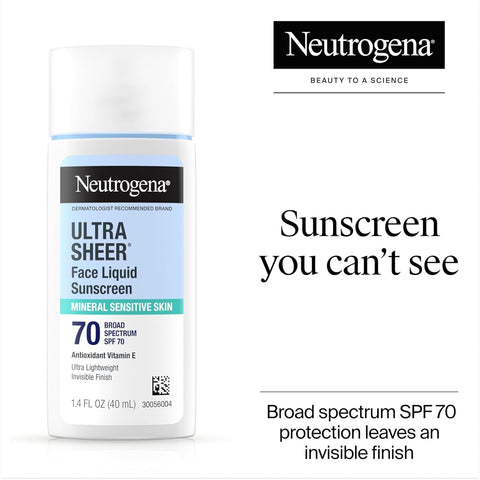 Neutrogena Ultra Sheer Liquid Mineral Sunscreen For Face, Lightweight, Broad Spectrum SPF 70 Facial Sunscreen for Sensitive Skin Leaves a Silky, Non-Greasy Finish, Oxybenzone-Free Sun Care, 1.4 fl. oz