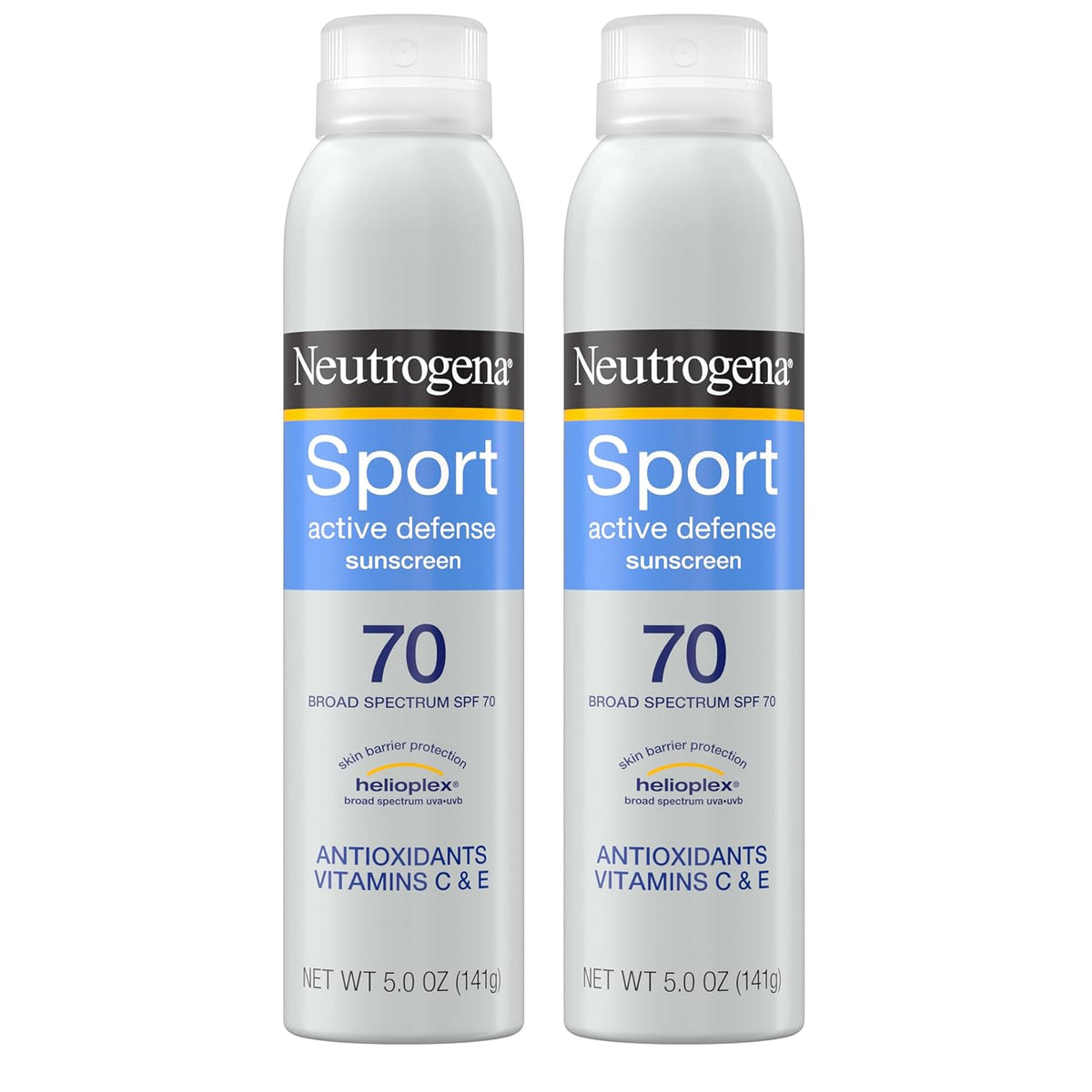 Neutrogena Sport Active Defense SPF 70 Sunscreen Spray, Sweat & Water Resistant Spray Sunscreen with Broad Spectrum Protection for Sunburn Prevention, Oxybenzone-Free, Twin Pack, 5 oz, 2 Pack