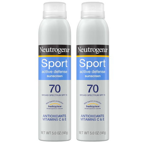 Neutrogena Sport Active Defense SPF 70 Sunscreen Spray, Sweat & Water Resistant Spray Sunscreen with Broad Spectrum Protection for Sunburn Prevention, Oxybenzone-Free, Twin Pack, 5 oz, 2 Pack
