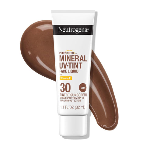 Neutrogena Purescreen+ Tinted Sunscreen for Face SPF 30, Broad Spectrum Mineral Sunscreen with Zinc Oxide & Vitamin E, Water Resistant, Fragrance Free, Deep, 1.1 fl oz