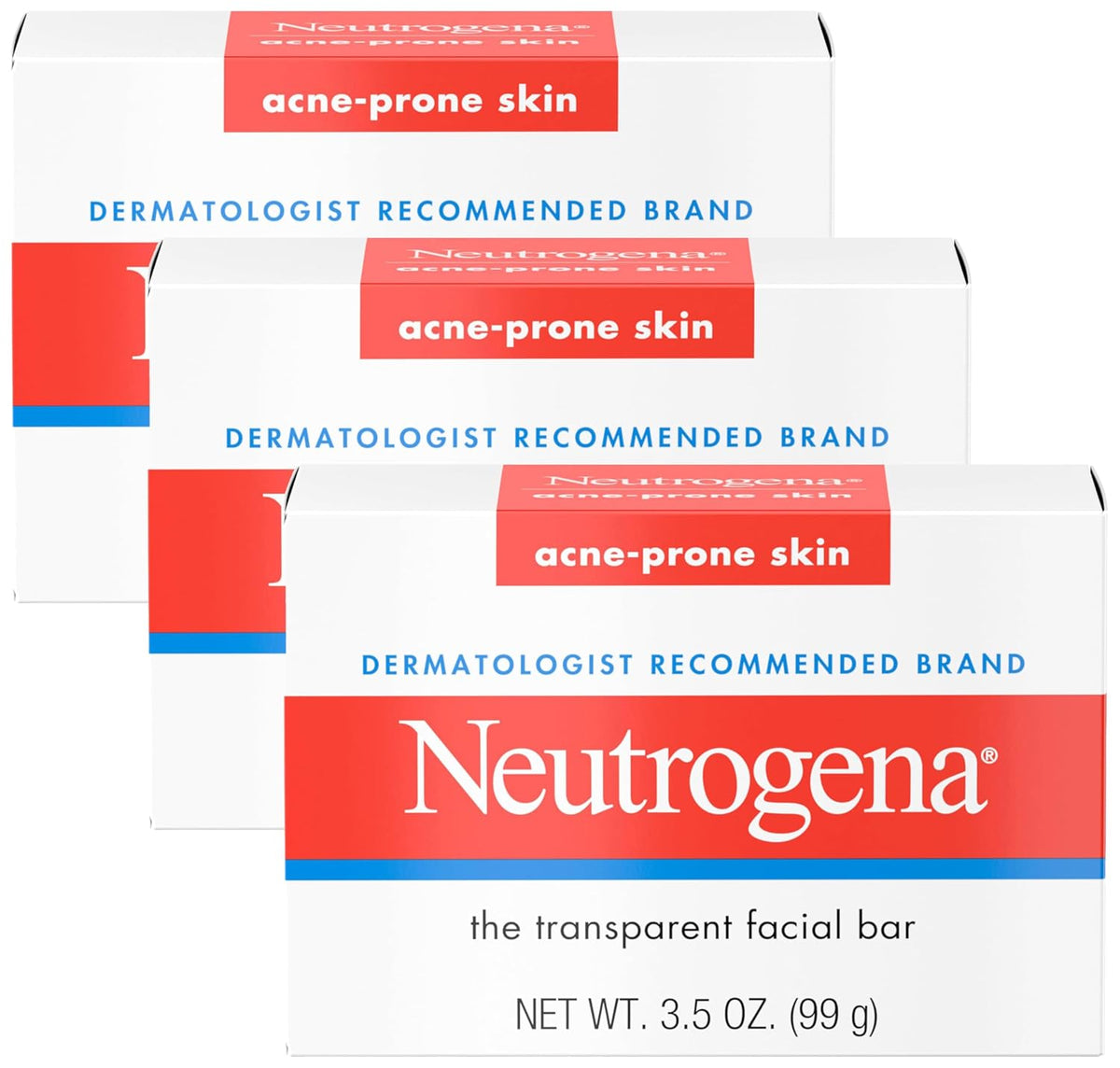 Neutrogena Facial Cleansing Bar for Acne-Prone Skin, Gentle Non-Medicated Daily Cleanser, Non-Comedogenic Transparent Soap with Glycerin, No Dyes or Detergents, 3.5 oz (Pack of 3)