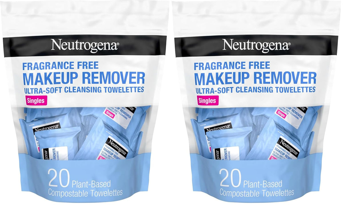 Neutrogena Fragrance-Free Makeup Remover Wipes Singles, Individually Wrapped Face Towelettes, Gently Remove Dirt, Oil, Waterproof Mascara & Makeup, Alcohol-Free Daily Face Wipes, 20 ct (Pack of 12)