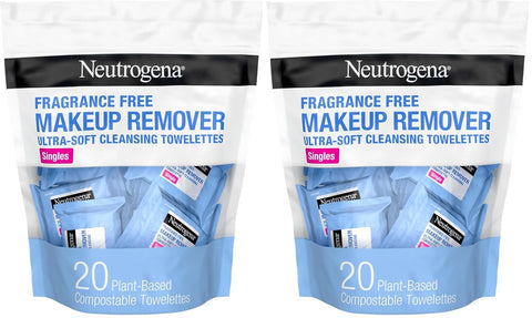 Neutrogena Fragrance-Free Makeup Remover Wipes Singles, Individually Wrapped Face Towelettes, Gently Remove Dirt, Oil, Waterproof Mascara & Makeup, Alcohol-Free Daily Face Wipes, 20 ct (Pack of 12)