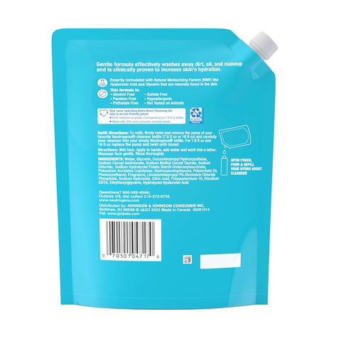 Neutrogena Hydro Boost Lightweight Hydrating Facial Cleansing Gel, Gentle Face Wash & Makeup Remover with Hyaluronic Acid, Hypoallergenic & Non Comedogenic, Refill Pouch, 16 fl. oz
