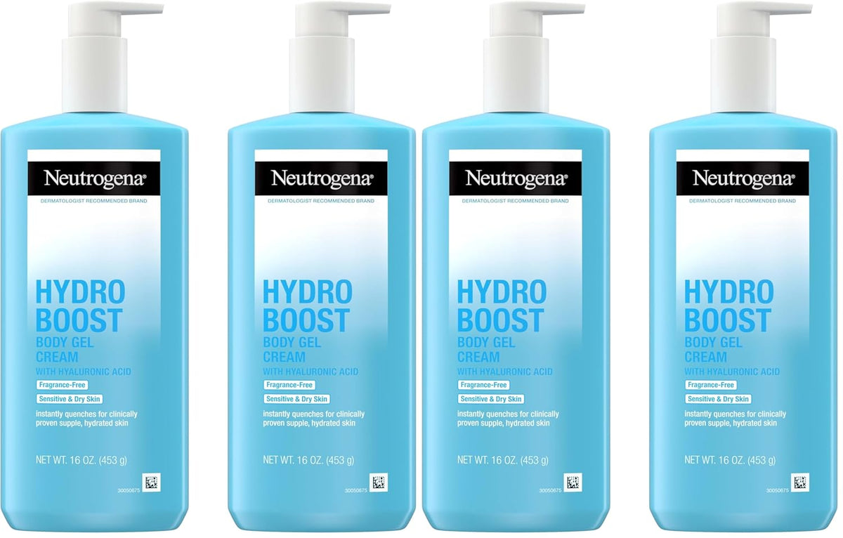 Neutrogena Hydro Boost Body Gel Cream,Hydrating Body Lotion with Hyaluronic Acid for Sensitive Skin,Fragrance-Free Hyaluronic Acid Moisturizer,16 oz,(Pack of 4)