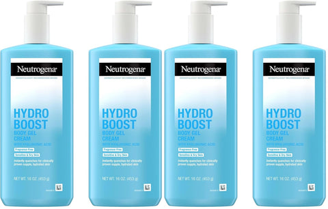 Neutrogena Hydro Boost Body Gel Cream,Hydrating Body Lotion with Hyaluronic Acid for Sensitive Skin,Fragrance-Free Hyaluronic Acid Moisturizer,16 oz,(Pack of 4)