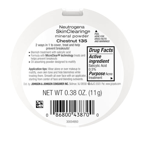 Neutrogena SkinClearing Pressed Mineral Powder Compact for Acne Prone Skin, Oil Absorbing Acne Makeup with Salicylic Acid helps to Cover, Treat & Prevent Breakouts, Chestnut 135,. 38 oz