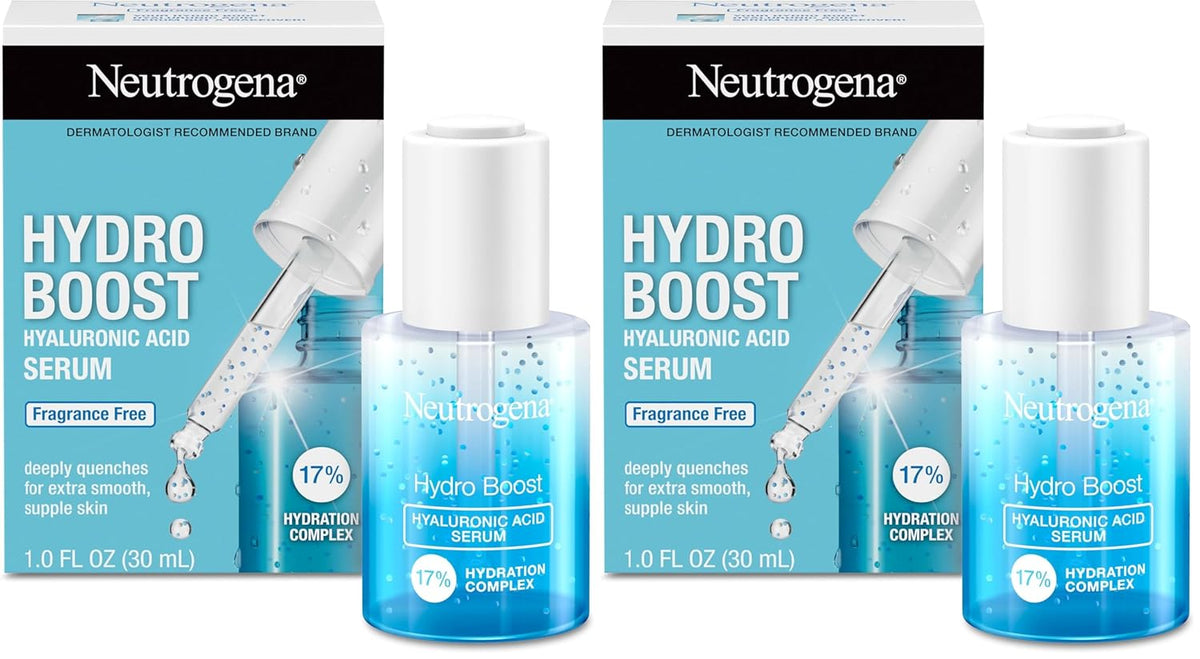 Neutrogena Hydro Boost Hyaluronic Acid Serum for Face & Neck,Lightweight Daily Hydrating Serum with Hyaluronic Acid for Dry Skin,Oil-Free,Non-Comedogenic,Fragrance-Free,1 fl. oz,(Pack of 2)