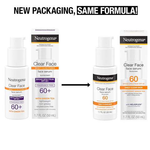 Neutrogena Clear Face Serum Sunscreen with Green Tea,Broad Spectrum SPF 60,Non-Comedogenic Face Sunscreen for Lightweight UVA/UVB Protection,Oxybenzone- & Fragrance-Free,1.7 fl. oz,(Pack of 2)