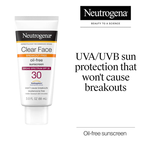 Neutrogena Clear Face Sunscreen for Acne-Prone Skin SPF 30, Broad Spectrum Facial Sunscreen Lotion, Lightweight, Non Comedogenic, Oil-, Fragrance- & Oxybenzone-Free Water Resistant (80 min), 3 fl. oz