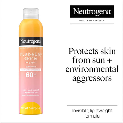 Neutrogena Invisible Daily Defense Body Sunscreen Spray, Broad Spectrum SPF 60+, Oxybenzone-Free & Water-Resistant, Sun & Environmental Aggressor Protection, Antioxidant Complex, 5.0 oz (Pack of 2)