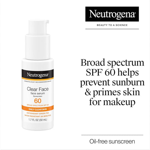 Neutrogena Clear Face Serum Sunscreen with Green Tea, Broad Spectrum SPF 60, Non-Comedogenic Face Sunscreen for Lightweight UVA/UVB Protection, Oxybenzone- & Fragrance-Free, 1.7 fl. oz