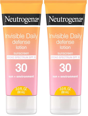 Neutrogena Invisible Daily Defense Sunscreen Lotion, Broad Spectrum SPF 30, Oxybenzone-Free & Water-Resistant, Sun & Environmental Aggressor Protection, Antioxidant Complex, 3.0 fl. oz (Pack of 2)