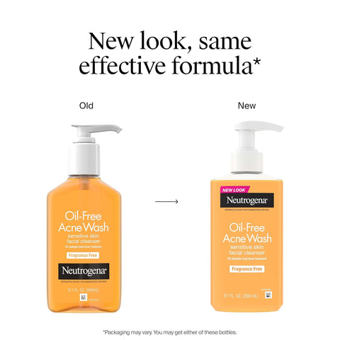 Neutrogena Oil-Free Acne Face Wash, Fragrance Free, Sensitive Skin Facial Cleanser with 2% Salicylic Acid Acne Treatment for Face, 9.1 Fl Oz